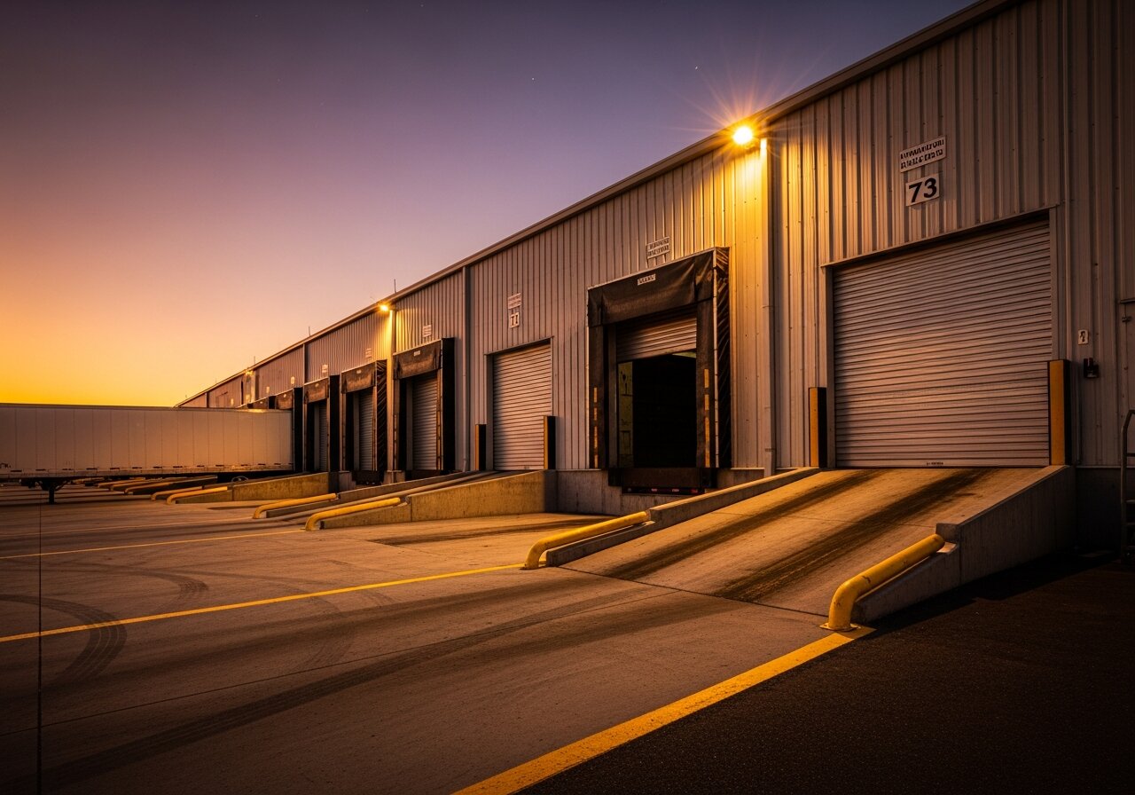 Commercial loading dock with heavy-duty roll-up overhead doors